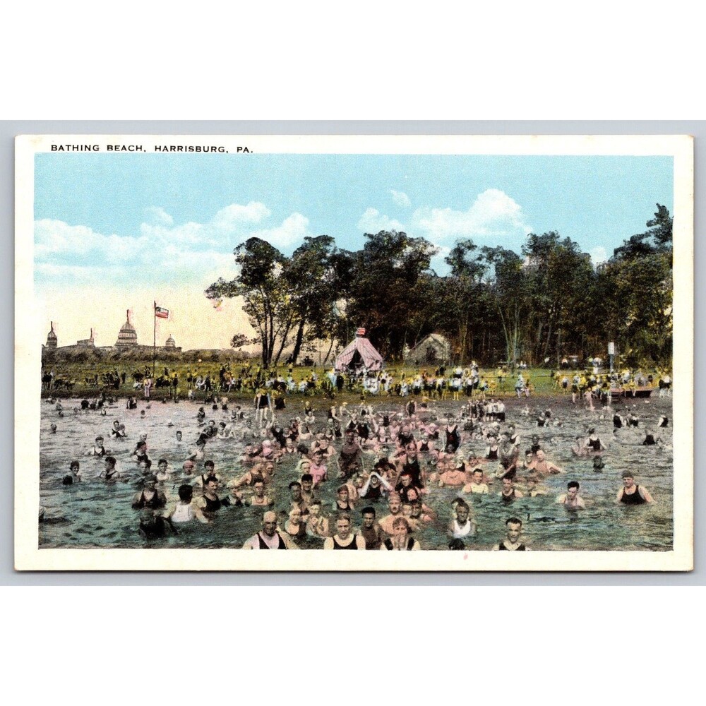 Vintage Postcard Bathing Beach Harrisburg PA  Susquehanna River Crowded 1910s